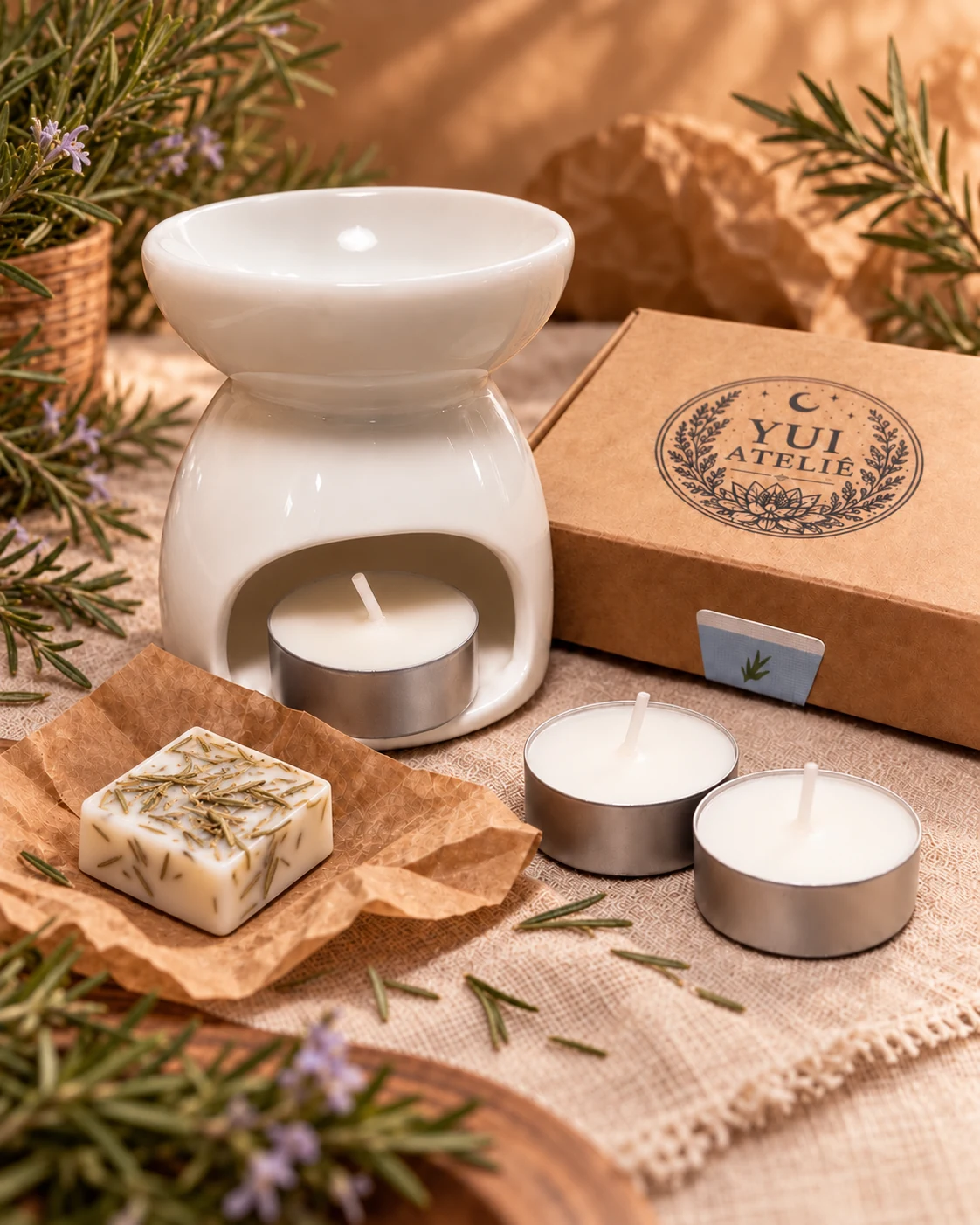 Kit completo de Wax Melts Equilíbrio com réchaud e velas tea light